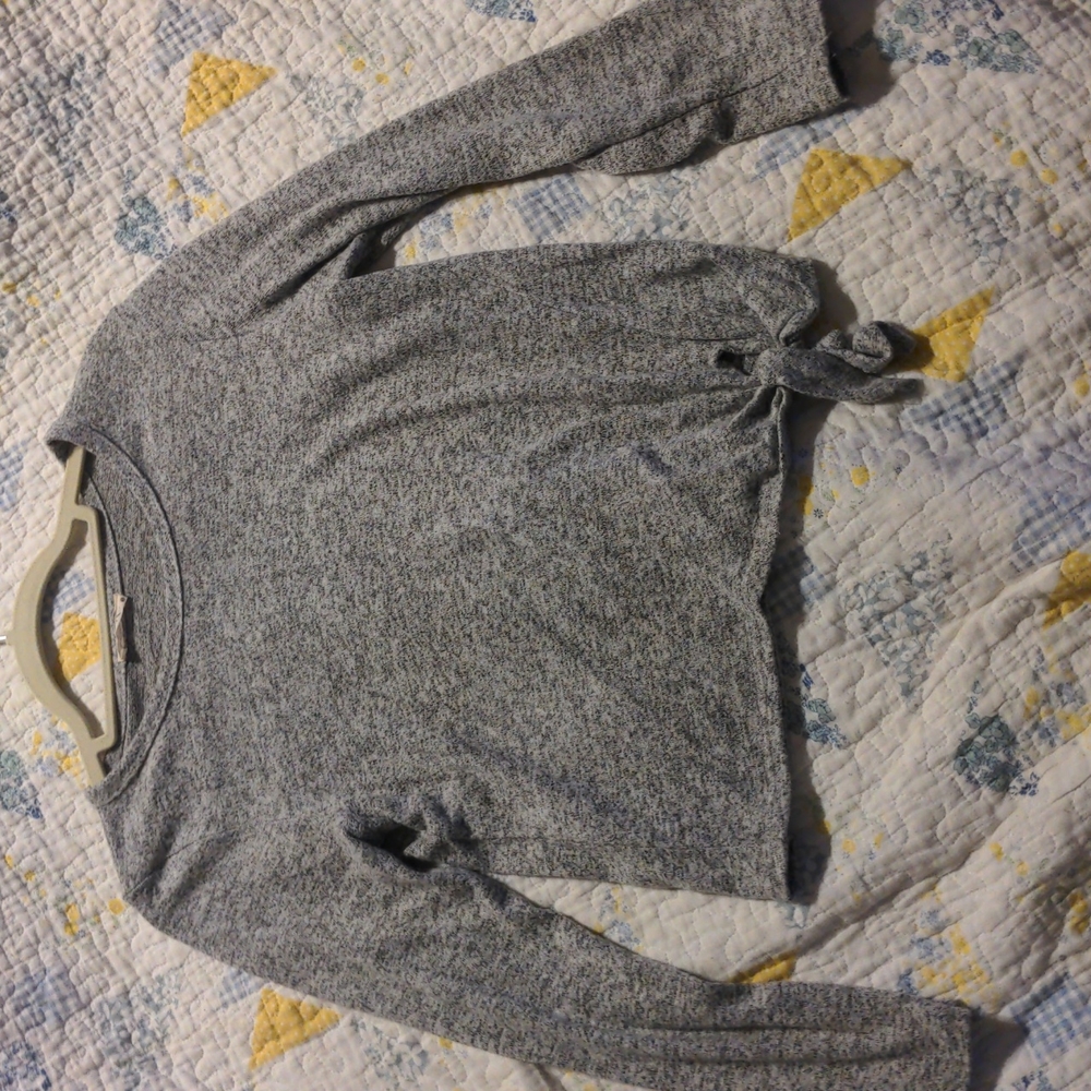Grey long crop sweater tie front small